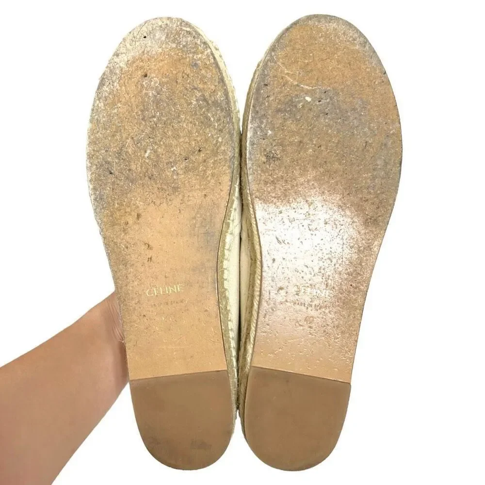 CELINE Embroidered Logo Triomphe Flat Espadrilles Canvas Cream Size 40 US 10